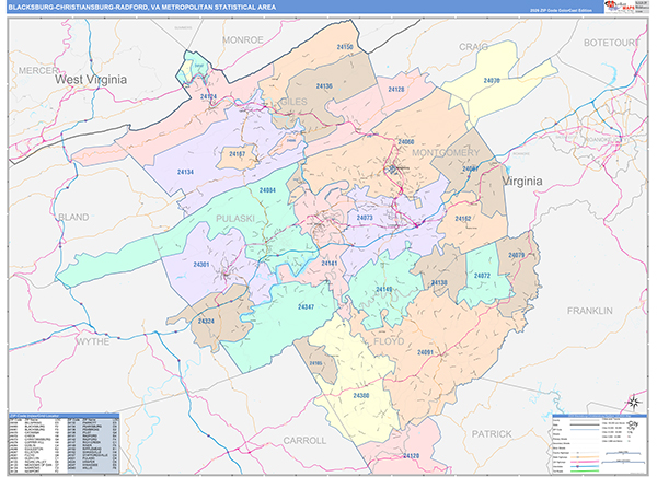 Blacksburg-Christiansburg-Radford Metro Area Wall Map